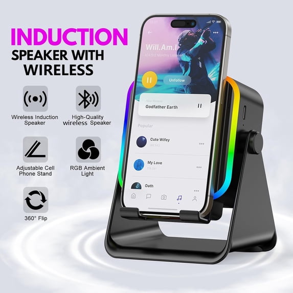 2026 New 5-in-1 Wireless Smart Sensor Speaker with USB Charging,LED Ambient Light, Motion Sensor Playback, Wireless Audio, Built-in Phone Stand, Clear Loud Sound, Anti-Slip Design, iOS & Android Com