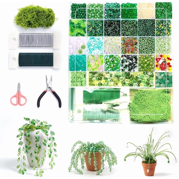 2026 New 5500 Pcs DIY Beaded Plant Kit, Green Glass Beaded Plant Kit with Rattan Basket, Forever Plant Beaded Making Kit for Jewelry Making DIY Craft, Leaf Beads for Jewelry Making