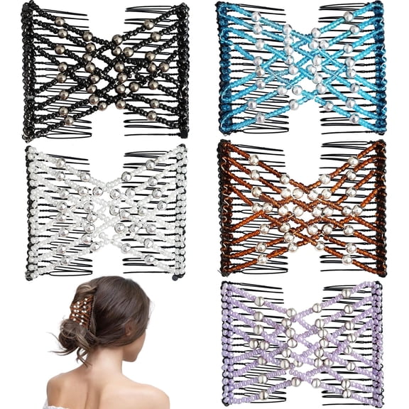 2026 New 5Pcs Beaded Magic Hair Comb Clips, Elastic Stretchy Double Comb Hair Accessories, Vintage Multipurpose Hairstyle Fixing Clips for Women  Daily Party Use, 5 Colors