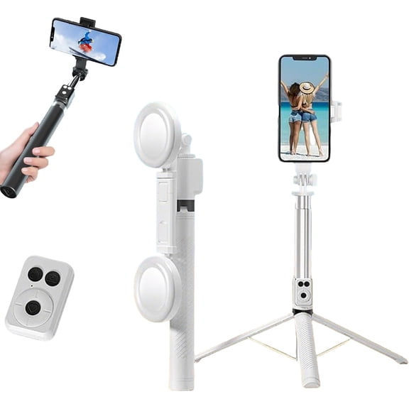 2026 New 6 in 1 Bluetooth Selfie Stick with Wireless Remote, Extendable Smartphone Photo Stand with 360 Rotation for Travel Vlogging, Group Photos and Video Recording (White)
