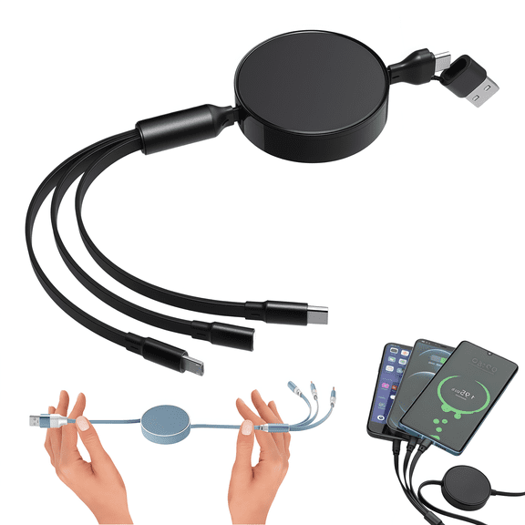 2026 New 6 in 1 Retractable Charging Cable, 6-in-1 Retractable Cable with Fast Charge Adapter, 100w Multi Charger for Multiple Devices with Type C/L/Micro USB Ports (Black)