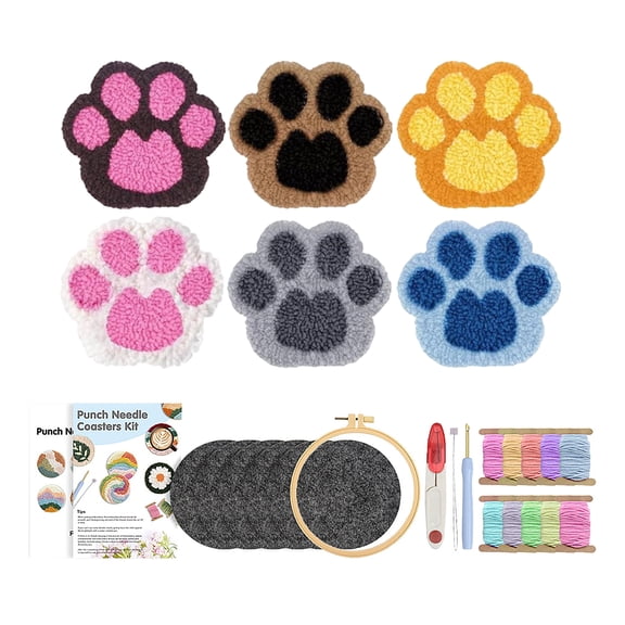 2026 New 6 Set Punch Needle Kit for Beginners, DIY Knitted Coaster Craft Kit with Yarns Embroidery Hoop for Home Decor (paw)