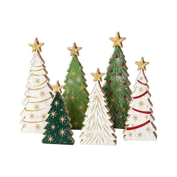 2026 New 6Pcs Rustic Wooden Christmas Tree Tabletop Decor,Farmhouse Country Boho Primitive Christmas Decorations with Natural Wood Finish,Farmhouse Christmas Decor for Festive Winter Displays