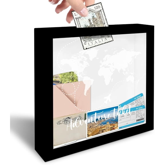 2026 New 8x8 Inch Black Adventure Ticket Shadow Box Frame, Wooden Travel Keepsake Box with Slot for Tickets Mementos, Decor Gift for Family and Friends