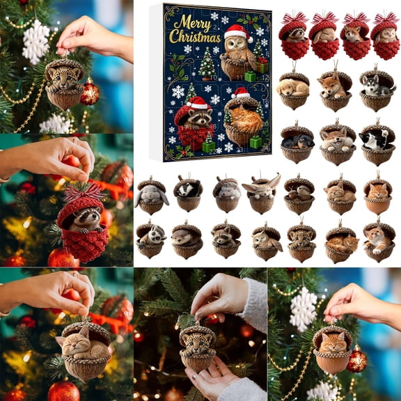 2026 New Acorn Advent Calendars - Christmas Animal Countdown Set 24 Days 2D Acrylic Pendant, Cozy Forest Christmas Ornaments for Home Decor
