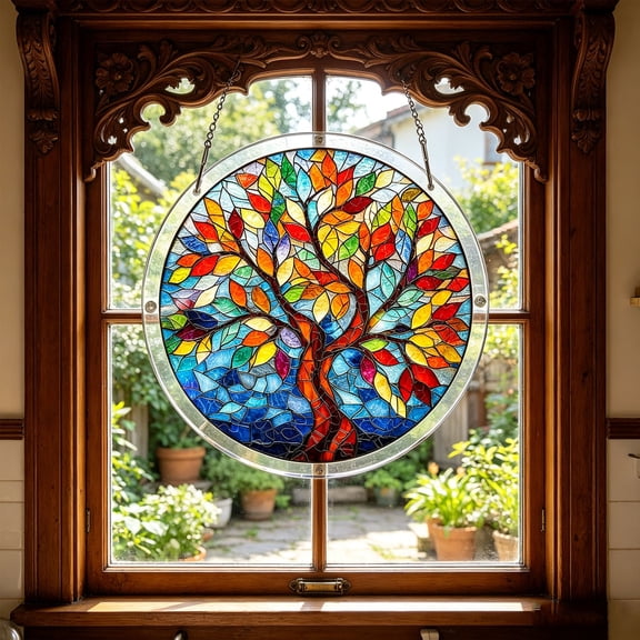 2026 New Acrylic Suncatcher Puzzles for Adults, 7.1" Stained Glass Window Hanging, Colorful Tree of Life Decortion for Home & Garden, D