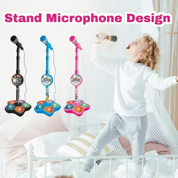 2026 New All-in-One Microphone Toy for Teens with Stand, Got Built-in Music, Colorful Lights, Echo Effects, Portable Karaoke Machine for Singing, Music Play, Fun and Easy-to-Use Blue