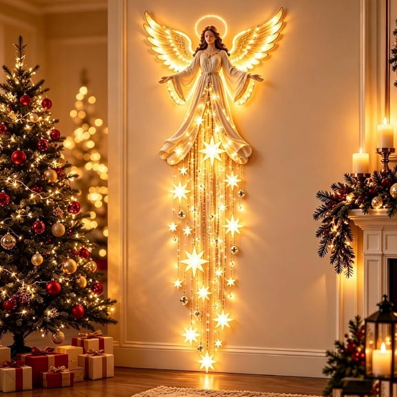 2026 New Angel Blessing Wall Light, Cascading Glowing Star Christmas Angel Wall Lamp, Led Starfall Effect Celestial Angel Figurine for Bedroom Living Room Entryway, Indoor Decoration, 31.5inch
