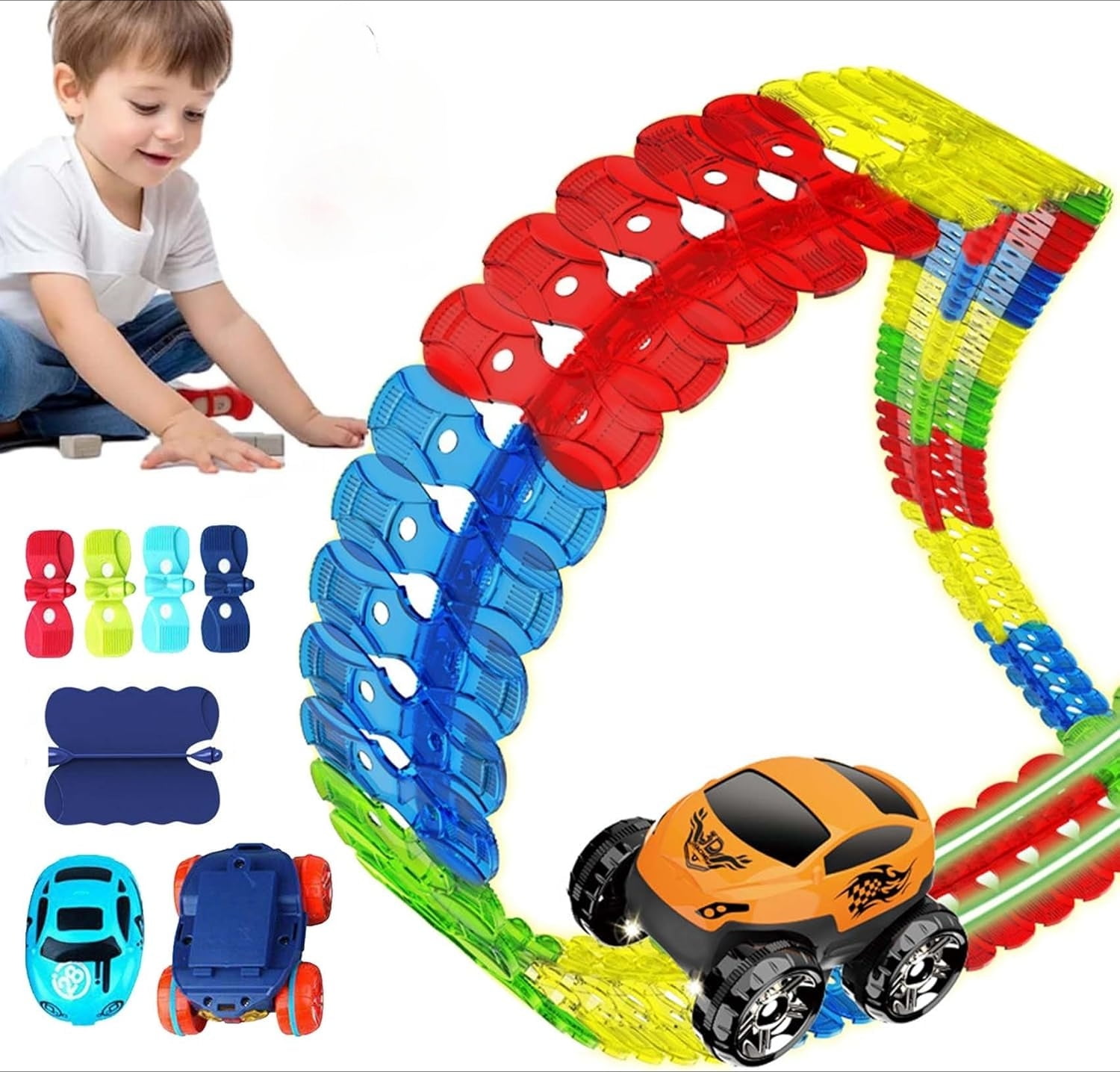 Pista Elettrica Anti-Gravità Con Luci LED E Macchinine Luminescenti – Set 46 Pezzi, Regalo Per Bambini 3+