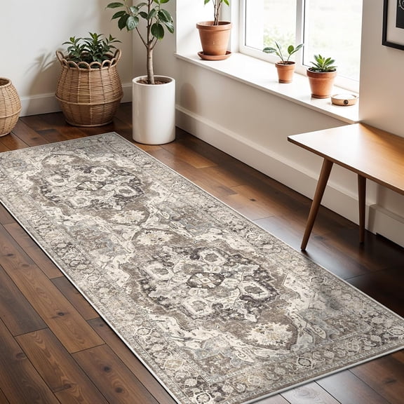 2026 New Arrival  2 'x 5 Beige Brown Grey Vintage Low Pile Runner Rug Machine Washable Stain Resistant Rubber Back Non Shed Floor Mat for Entryway Kitchen Bedroom Laundry High Traffic Indoor Space