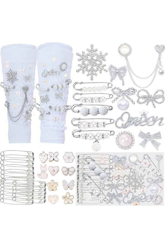 2026 New Arrival 52Pcs Silver Pearl Rhinestone Junk Sock Charms with Safety Pins,Bling Decorative Shoe Lace Brooch Buttons,DIY Ornament Accessories for Sneakers,Socks,Hats & Daily Outfit