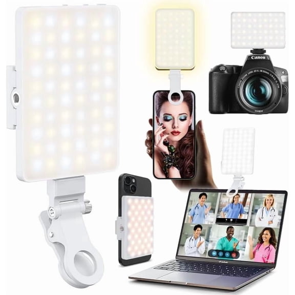 2026 New Arrival 60 LED Clip-on Selfie Light, Pure White, 2000mAh Rechargeable Fill Light, CRI 97+ 3 Modes with Tripod Adapter for Phone Laptop Makeup