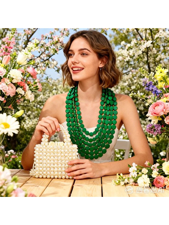 2026 New Arrival Spring Green Wood Beaded Necklace Top Handle Bag Set Elegant Evening Clutch National Day World Cup for Women