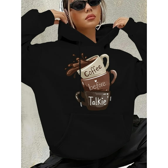 2026 New Arrival Women's Funny Coffee Hooded Sweatshirt - Coffee Cup & Beans Print, Long Sleeve Pullover, Cozy Fall Winter Sweater for Coffee Lovers, Casual Clothing (Machine Washable)