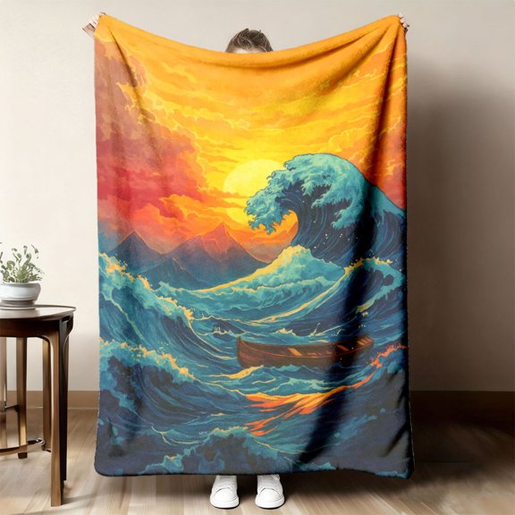 2026 New Arrivals Vibrant Ocean Wave Print Flannel Blanket | TearResistant Polyester, Sunset Art Design, Perfect Gift for Daughters, Girls, and African Girls, Versatile for Beach, Camping, Sofa, Pet