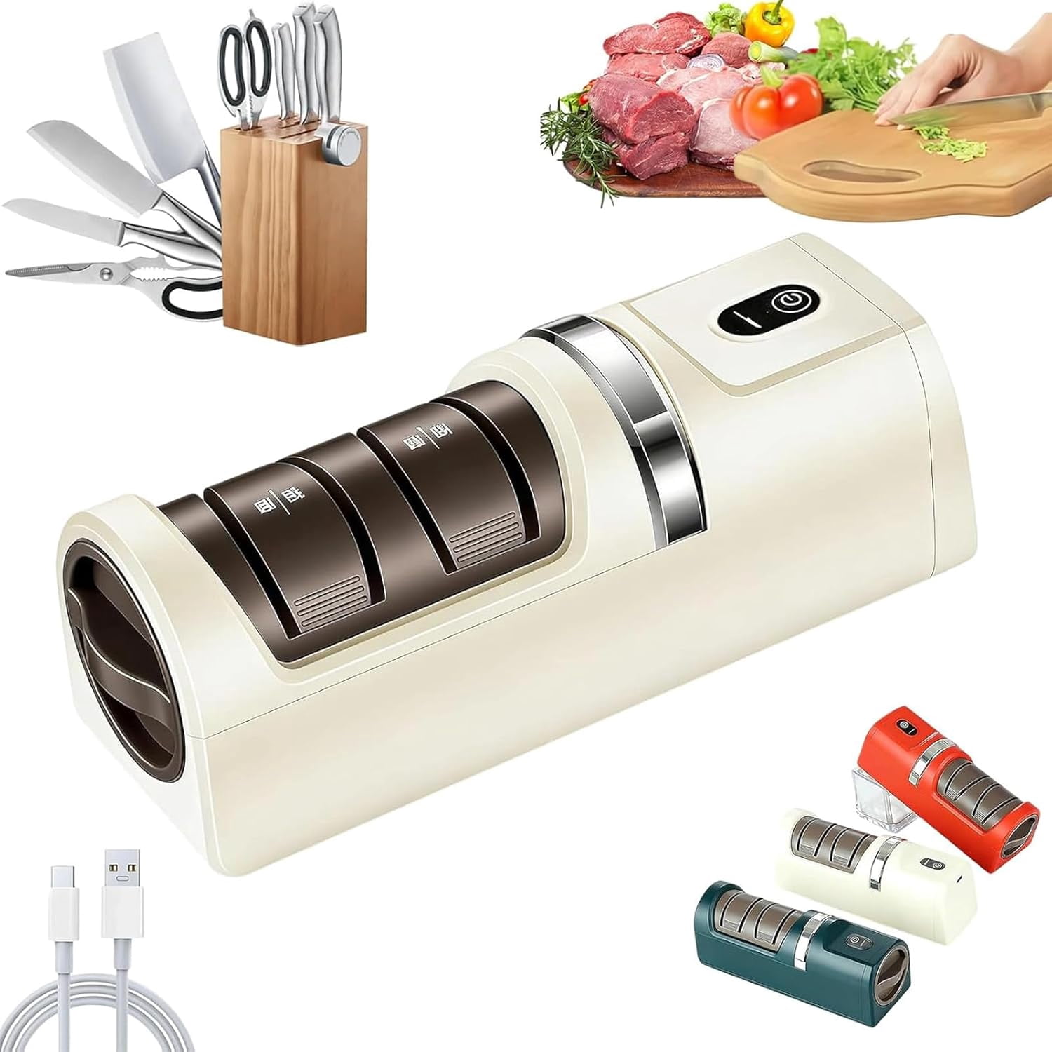 2026 New Automatic Kitchen Knife Sharpener Cordless Fast Sharpening, USB Rechargeable Electric Knife Sharpener for Most Household Knives (Beige)