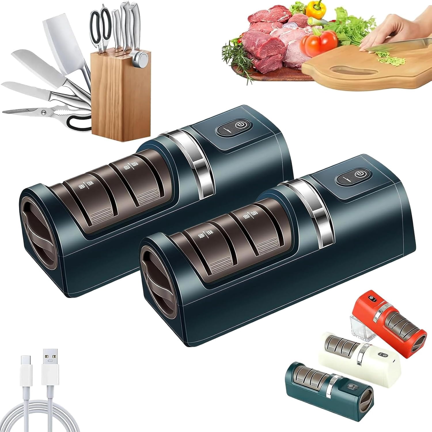 2026 New Automatic Kitchen Knife Sharpener Cordless Fast Sharpening, USB Rechargeable Electric Knife Sharpener for Most Household Knives (Green*2)