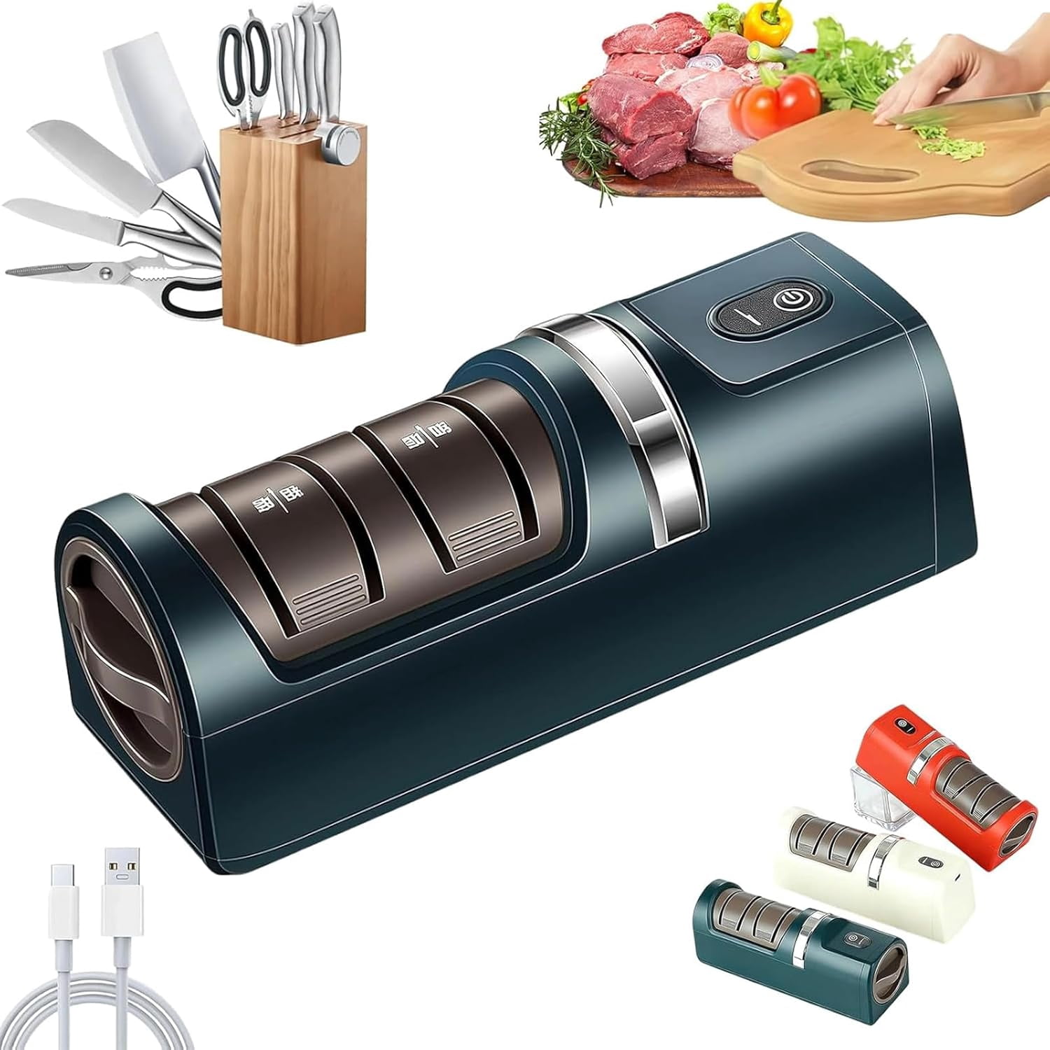 2026 New Automatic Kitchen Knife Sharpener Cordless Fast Sharpening, USB Rechargeable Electric Knife Sharpener for Most Household Knives (Green)