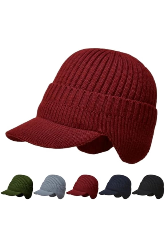 2026 New Beanie With Plush Material, Cozy Head Beanie, Beanie with Ear Flaps Mens Women, Winter Hat with Brim and Ear Flaps(RED)