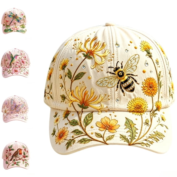 2026 New Bee Baseball Cap for Women/Men, Adjustable 22 to 23.6 Inch Embroidered Garden Morning Cap, Rhinestone Floral Yellow Caps