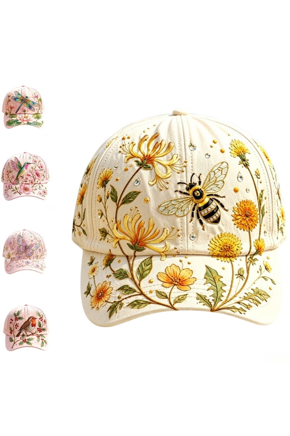 2026 New Bee Baseball Cap for Women/Men, Adjustable 22 to 23.6 Inch Embroidered Garden Morning Cap, Rhinestone Floral Yellow Caps