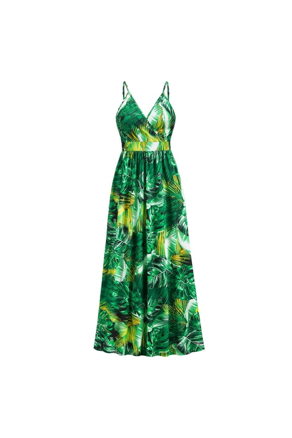 2026 New Bohemian Style Women's Tropical Palm Leaf Print Spaghetti Strap Deep V Maxi Sundress, Empire Waist Flowy Vacation Long Dress