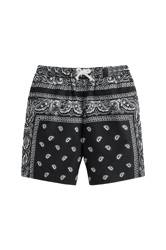 2026 New Boy's Summer Boho Paisley Print Shorts Casual Kids Drawstring High Waisted Graphic Shorts with Pocket(Black,2-3 Years)