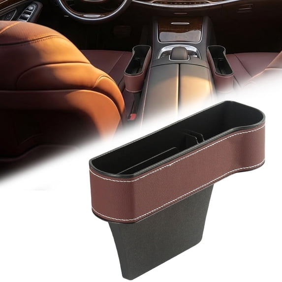 2026 New Brown PU Leather Car Seat Filler Organizer - Console Side Storage Box for Phone, Sunglasses & Keys with USB Pass-Through (1 Count, Co-Pilot, Auto Accessory)