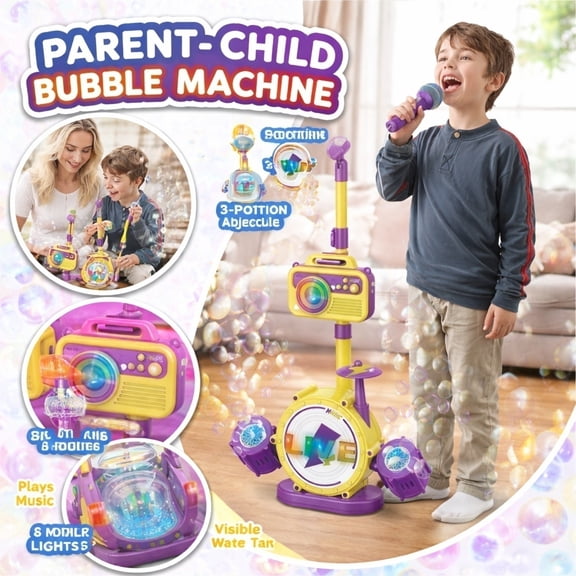 2026 New Bubble Machine Bluetooth Kids Karaoke Microphone with Adjustable Stand, Bubble Maker for Kid，Vioce Changer, Colorful Lights, Christmas, Birthday Gifts for Girls, Boys With 300 ml Solution