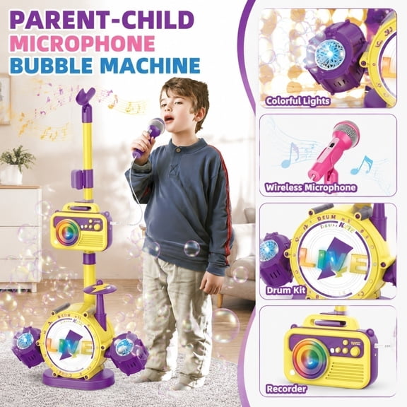 2026 New Bubble Machine Bluetooth Kids Karaoke Microphone with Adjustable Stand, Karaoke Machine for Kids with Bubble Maker,Vioce Changer, Colorful Lights for Singing, Birthday Gifts for Girls, Boys