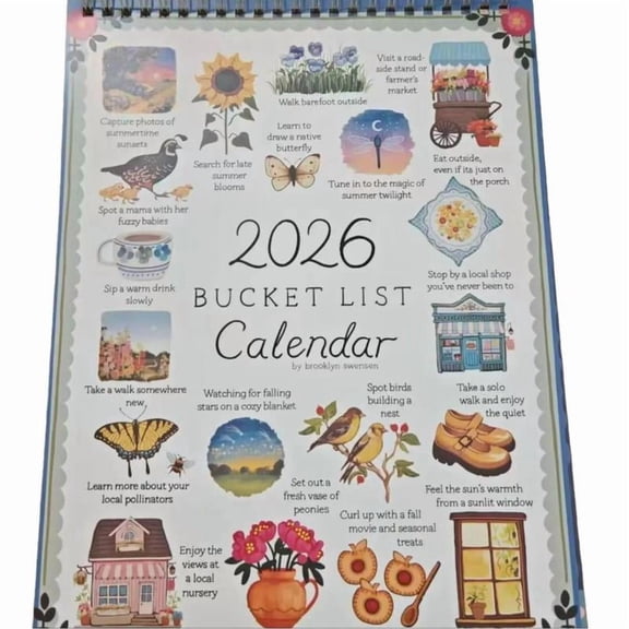 2026 New Bucket List Calendar with lllustrated Pages, Inspirational 12-Monthly Wall Calendar, for Home and Office Gifts