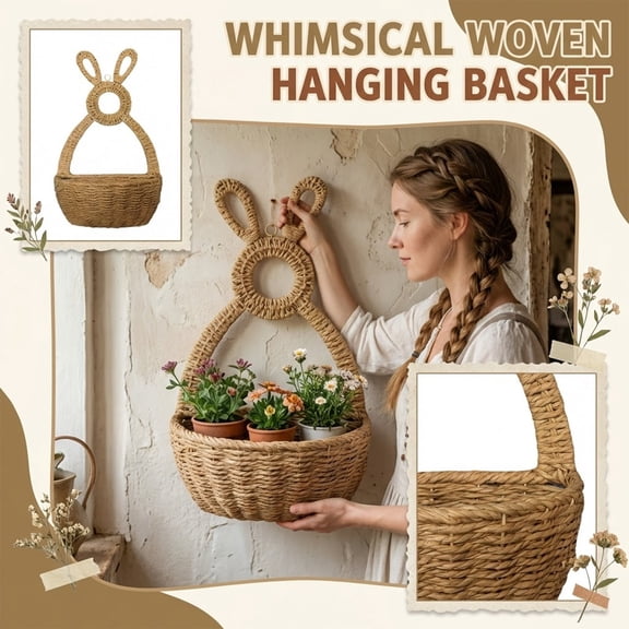 2026 New Bunny Door Basket Hanging Wall Pocket Spring Decor, 15.75 Inch Handwoven Easter Bunny Wicker Basket, Woven Rabbit Front Door Basket for Easter Garland Wall Decoration