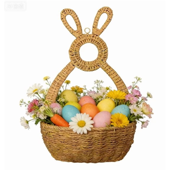 2026 New Bunny Door Basket Hanging Wall Pocket Spring Decor, 15.7In Handwoven Easter Bunny Wicker Basket with Bow, Woven Rabbit Front Door Basket for Easter Garland Wall Decoration