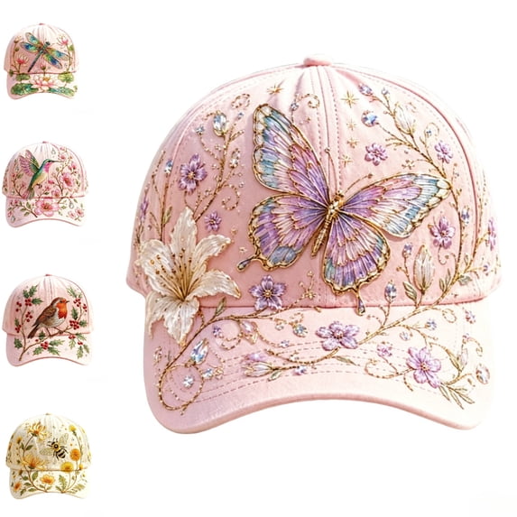 2026 New Butterfly Baseball Cap for Women/Men, Adjustable 22 to 23.6 Inch Embroidered Garden Morning Cap, Rhinestone Floral Pink Caps