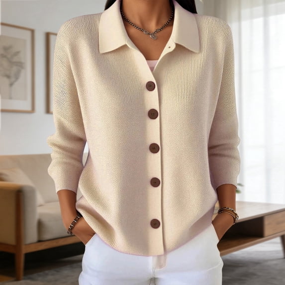 2026 New Button Up Cardigan for Women, Long Sleeve Lapel Collared Knit Tops, Lightweight Relaxed Fit Casual Sweater(Beige,S)
