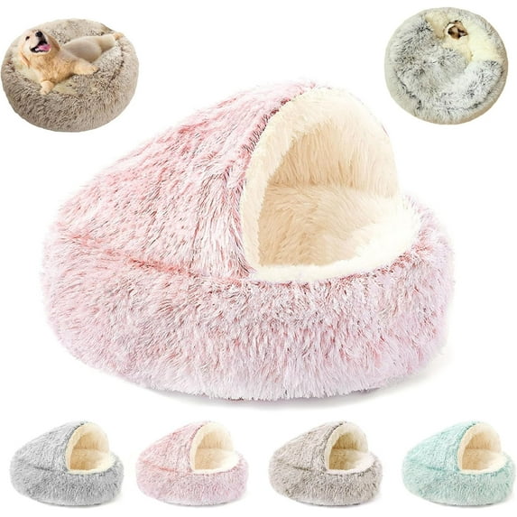 2026 New Calming Covered Pet Bed with Hood for Dogs & Cats, Soft Plush Washable Cave Nest for Anxiety Relief, Anti-Slip Base for Small Medium Large Pets (Pink, S: 40cm/15.7IN)