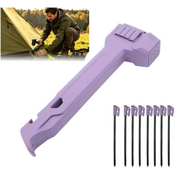2026 New Camping Hammer with 8 Pegs, Multifunctional Stakes Tent Stake Driver Hammer, Puller & Bottle Opener with Storage Handle, Lightweight Mallet Andpuller for Outdoor Hiking Backpacking
