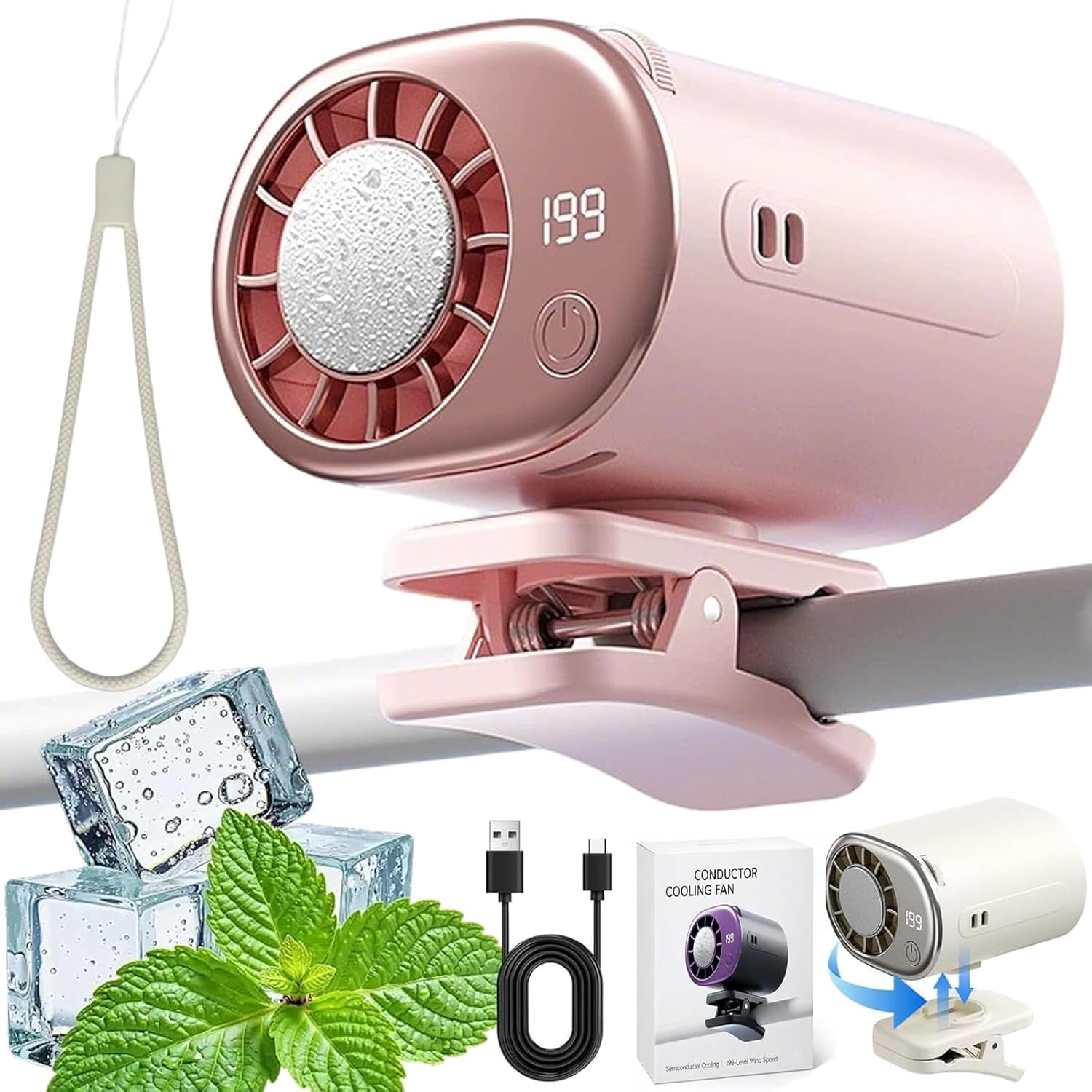 2026 New Car Clip On Air Conditioner Fan with LED Display, 360° Rotation Portable Mini Cooling Fan, USB Rechargeable 199 Speeds 16℃ Semi‑Cooling with Wide Clamp