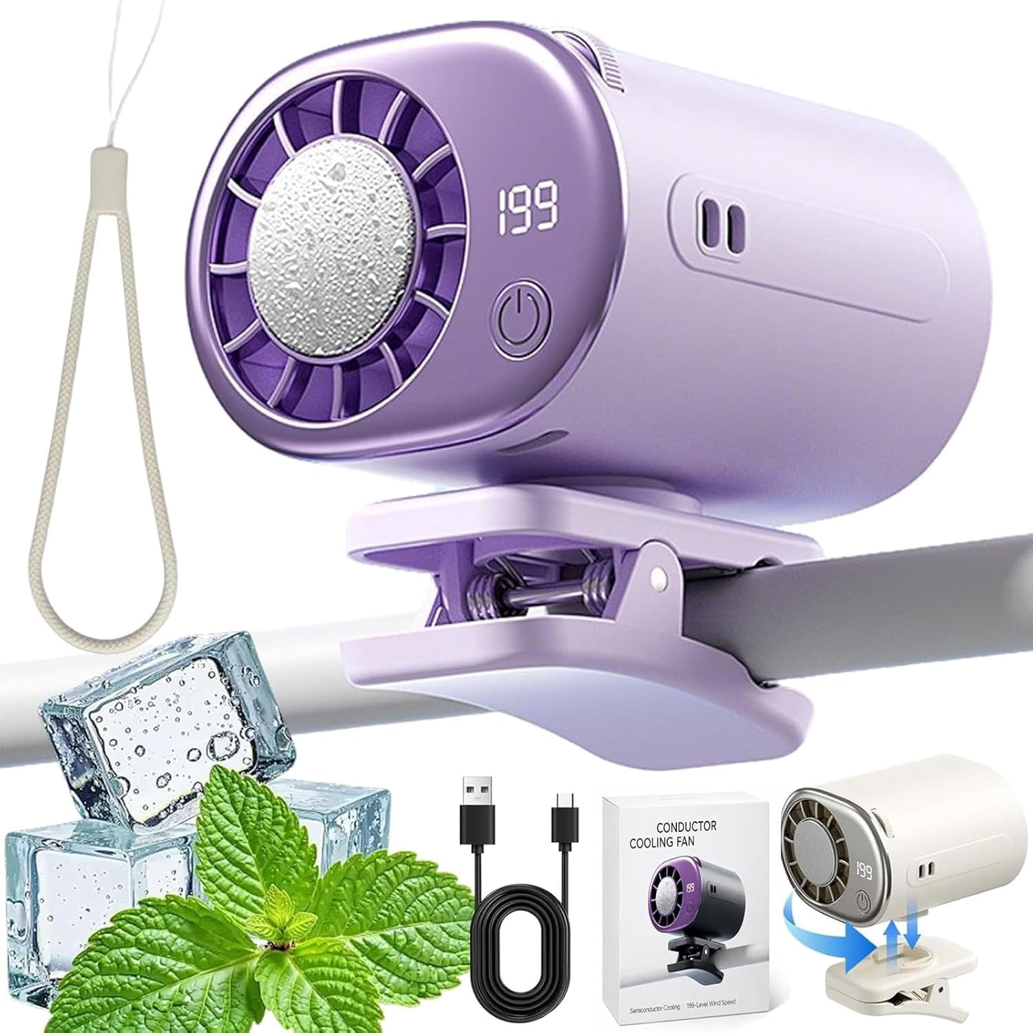 2026 New Car Clip On Air Conditioner Fan with LED Display, 360° Rotation Portable Mini Cooling Fan, USB Rechargeable 199 Speeds 16℃ Semi‑Cooling with Wide Clamp