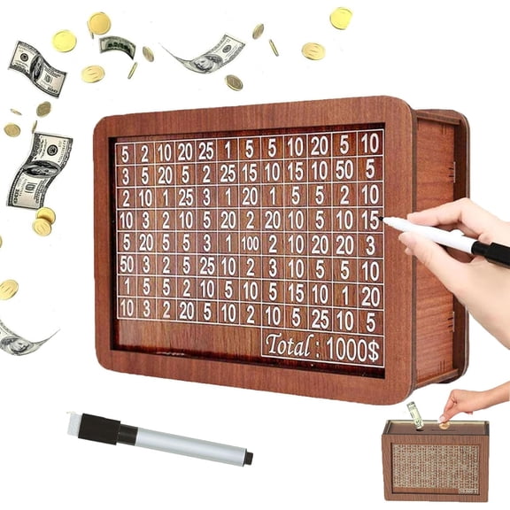 2026 New Cash Vault Wooden Savings Box, 10000 Savings Challenge Box, Wooden Cash Saver Money Box, Wooden Money Saving Challenge Box Cash Saving Box with Money Target and Numbers