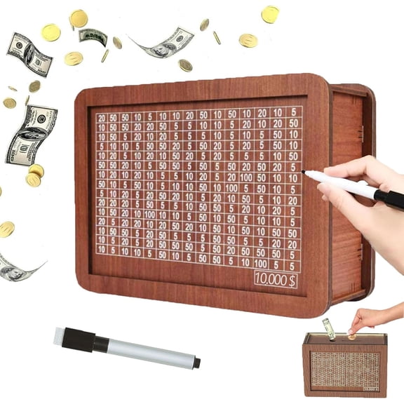 2026 New Cash Vault Wooden Savings Box, 10000 Savings Challenge Box, Wooden Cash Saver Money Box, Wooden Money Saving Challenge Box Cash Saving Box with Money Target and Numbers