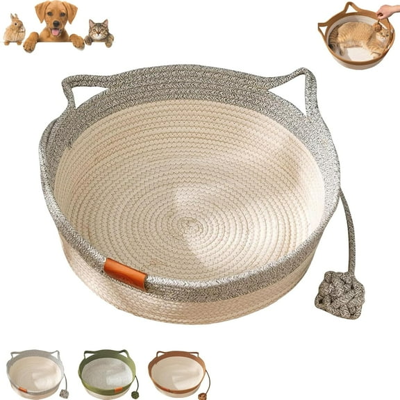 2026 New Cat Instinct Basket,Cotton Rope Woven Cat Basket,Pets Hand Woven Cotton Bed Basket with Built-in Scratching Pad and Play Ball for Cats and Dogs All-Season