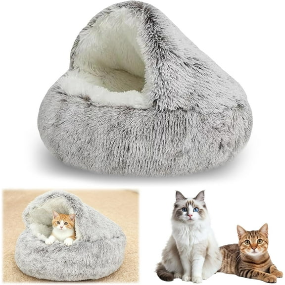 2026 New Cat Nest Bed, Round Plush Fluffy Hooded Cat Beds, Cozy Pod for Indoor Cats or Small Dogs, Soft Covered Puppy Bed for Pet Owners (Coffee, 23.6in/60cm)