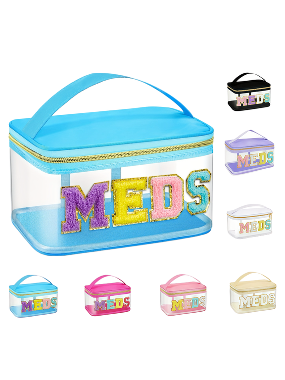 2026 New Chenille Letter Clear Medicine Makeup Bag, Large Size Waterproof Nylon Cosmetic Toiletry Storage bag with Top Handle, Transparent Meds First Aid Travel Organizer Cosmetic Bag(Blue)
