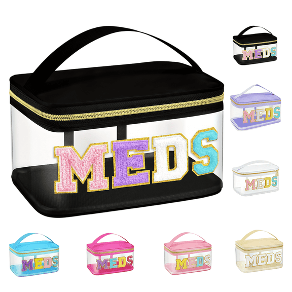 2026 New Chenille Letter Clear Medicine Makeup Bag, Large Size Waterproof Nylon Cosmetic Toiletry Storage bag with Top Handle, Transparent Meds First Aid Travel Organizer Cosmetic Bag(Black)