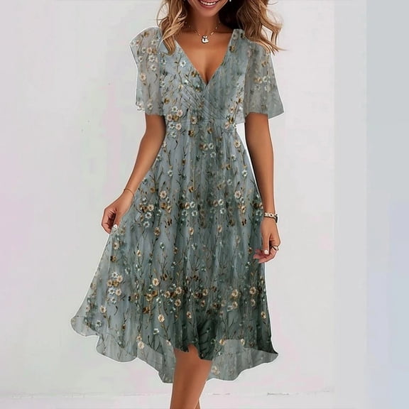 2026 New Chiffon Print Women's Sexy, Elegant, and Mature V-Neck Dress