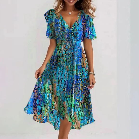 2026 New Chiffon Print Women's Sexy, Elegant, and Mature V-Neck Dress
