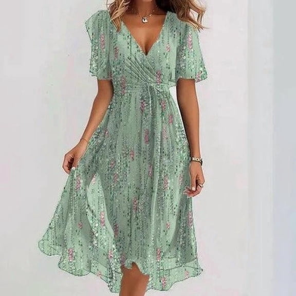 2026 New Chiffon Print Women's Sexy, Elegant, and Mature V-Neck Dress