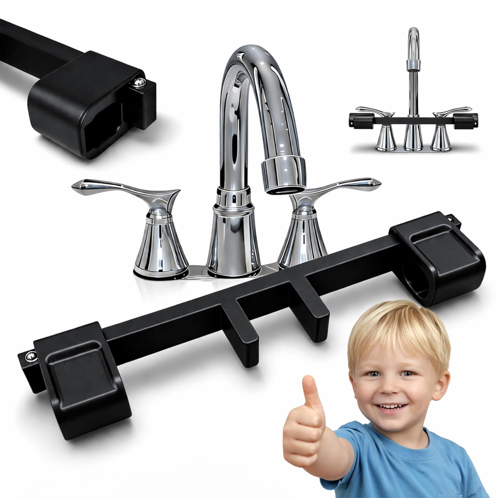 2026 New Child & Pet Safety Guard with Central Pipe Fixation, Universal Faucet Handle Lock for Double Sinks, Anti-Slip Kitchen Bathroom Stopper, Prevent Flooding