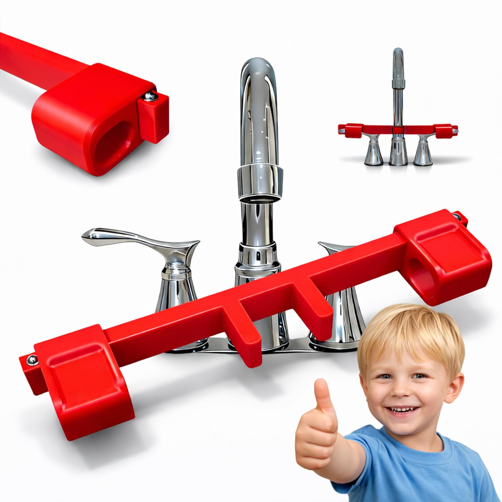 2026 New Child & Pet Safety Guard with Central Pipe Fixation, Universal Faucet Handle Lock for Double Sinks, Anti-Slip Kitchen Bathroom Stopper, Prevent Flooding